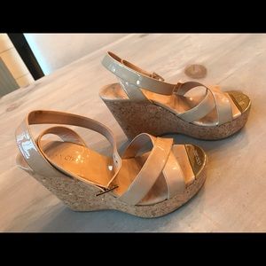 Jimmy Choo Nude Patent/ Cork Wedge